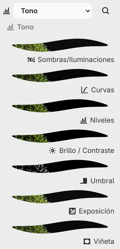 El panel Filtros con la categoría Tono y una vista previa de cada filtro.