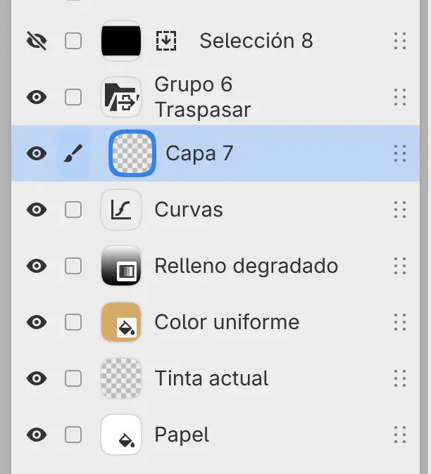 El panel Capas con una capa de selección, un grupo con Traspasar, un filtro Curvas, una capa Relleno degradado, una capa Color uniforme, la capa de pintura Tinta actual y Papel.
