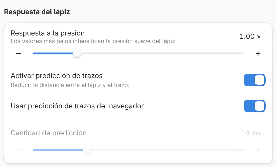 Los ajustes de Respuesta del lápiz.