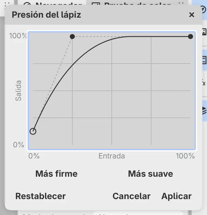 El diálogo Presión del lápiz con su curva y el indicador de presión en tiempo real.