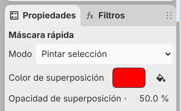 El panel Propiedades de la Máscara rápida, con Modo, Color de superposición y Opacidad de superposición.