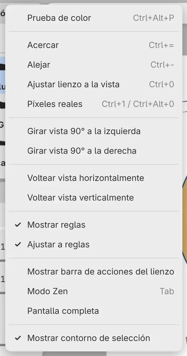El menú Ver con los comandos de zoom, rotación y volteo.