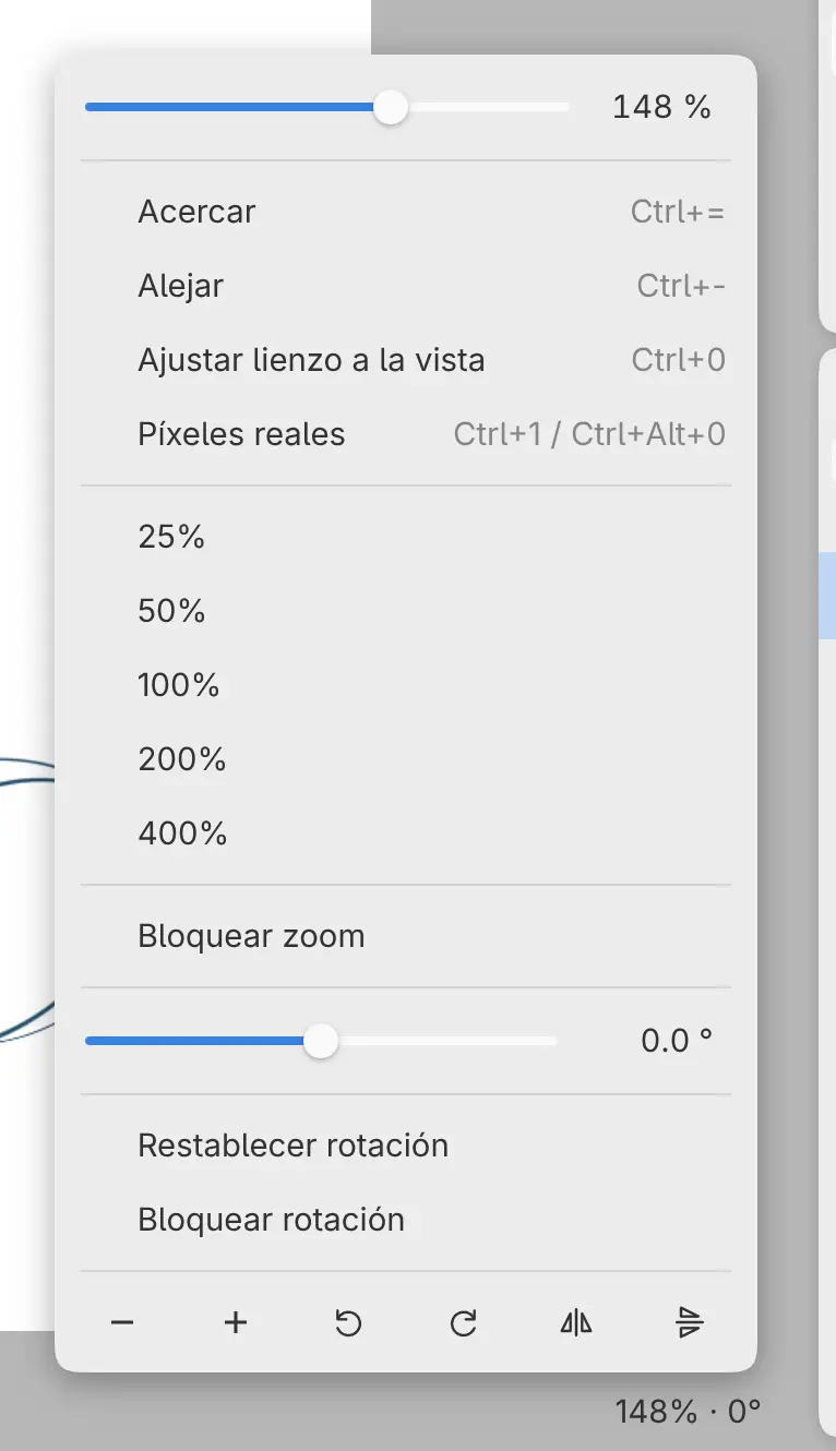 El indicador de zoom en el pie, con su menú abierto.