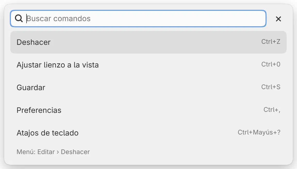 La búsqueda de comandos con el campo vacío, que muestra Deshacer, Ajustar lienzo a la vista, Guardar, Preferencias y Atajos de teclado.