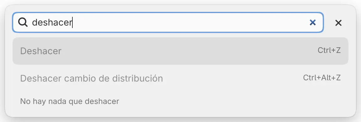 La búsqueda de comandos con la consulta «undo», la fila Deshacer atenuada y «No hay nada que deshacer» en la parte inferior.