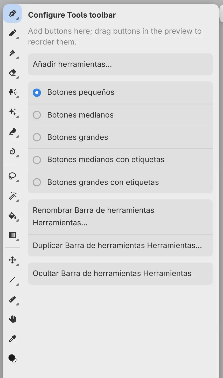 La barra de herramientas con su columna de configuración.