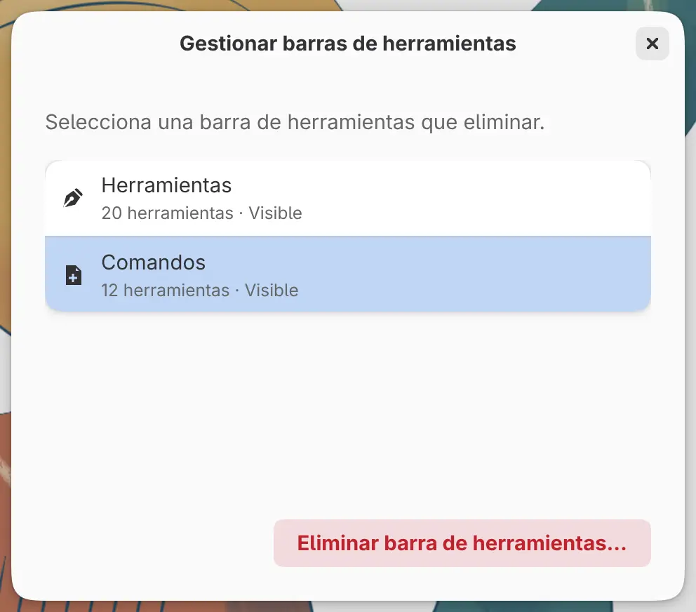 El diálogo Gestionar barras de herramientas con una barra seleccionada.