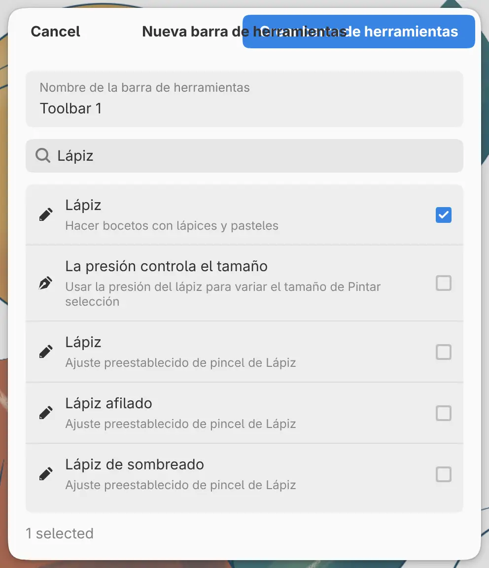 El diálogo Nueva barra de herramientas con una herramienta seleccionada.