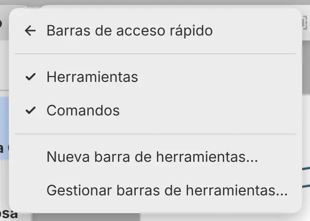 El submenú Barras de acceso rápido del menú Ventana.