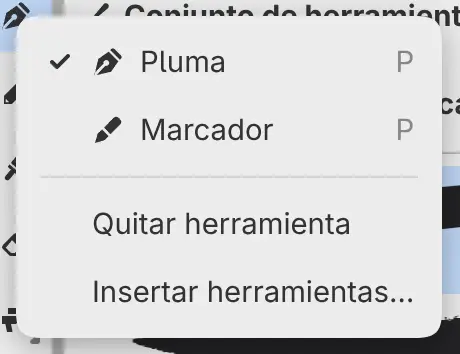 El menú de una herramienta con los elementos Quitar herramienta e Insertar herramientas….