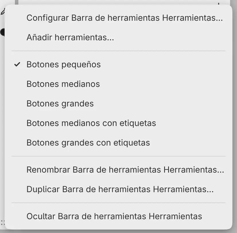 El menú de la barra de herramientas con los tamaños de botón.