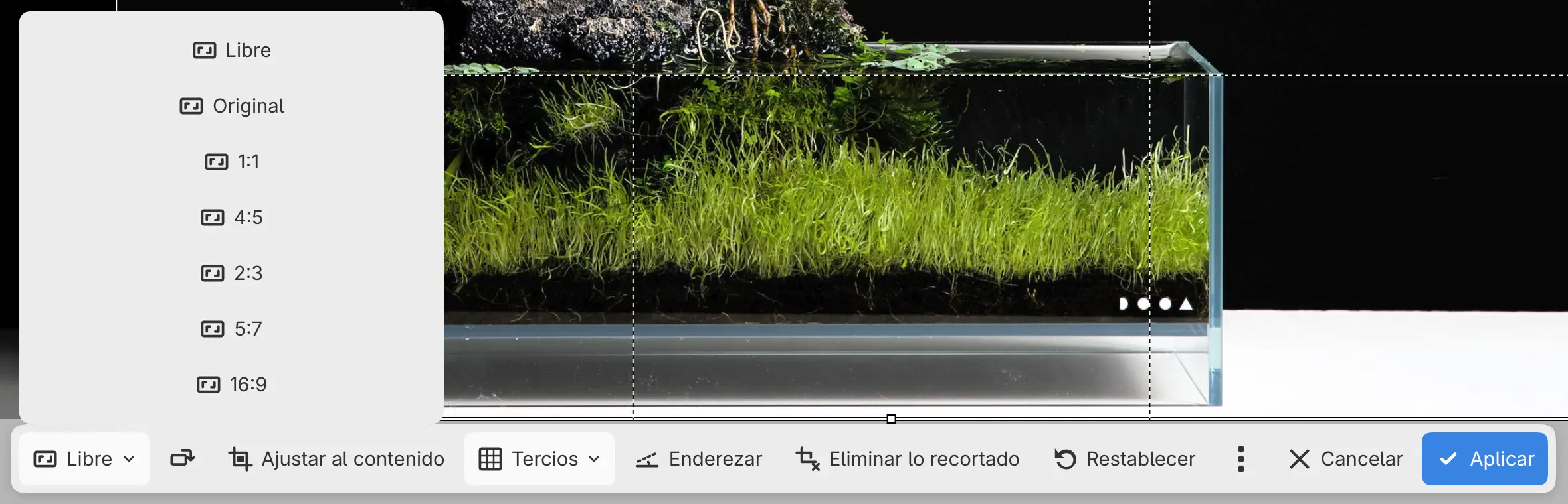 El menú Proporción en la barra de recorte.