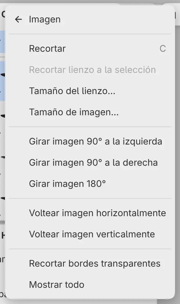 El submenú Imagen del menú Editar.
