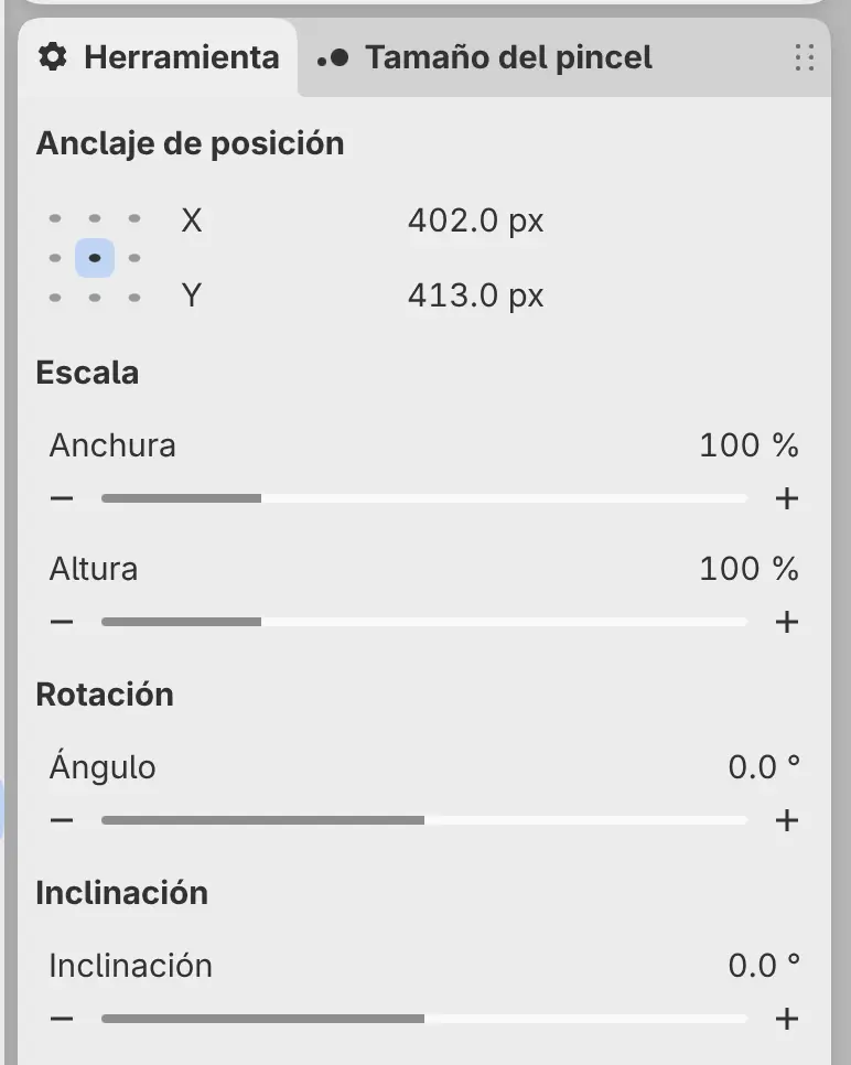 El panel Herramienta durante una transformación, con Anclaje de posición, Escala, Rotación e Inclinación.