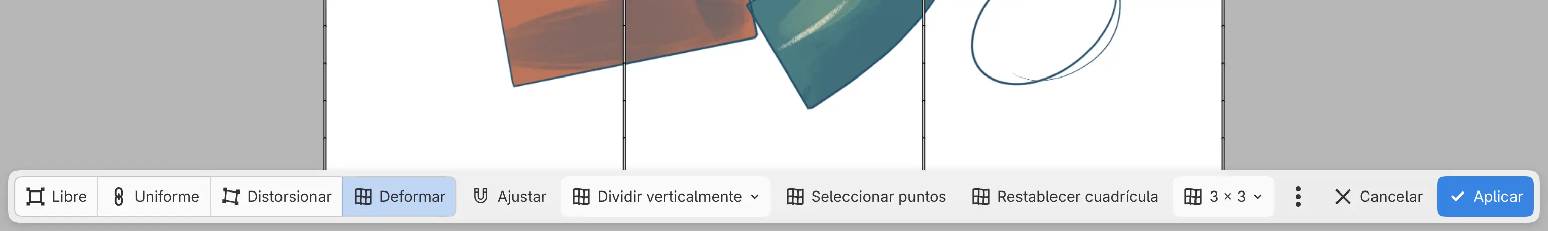 La barra del lienzo en el modo Deformar, con Dividir cuadrícula, Seleccionar puntos, Restablecer cuadrícula y Cuadrícula.