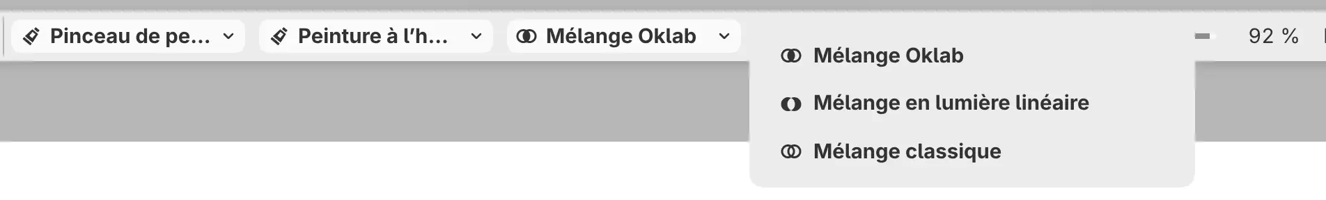 Le menu Mélange de couleurs ouvert dans la barre Options de l’outil pour Huile chargée.