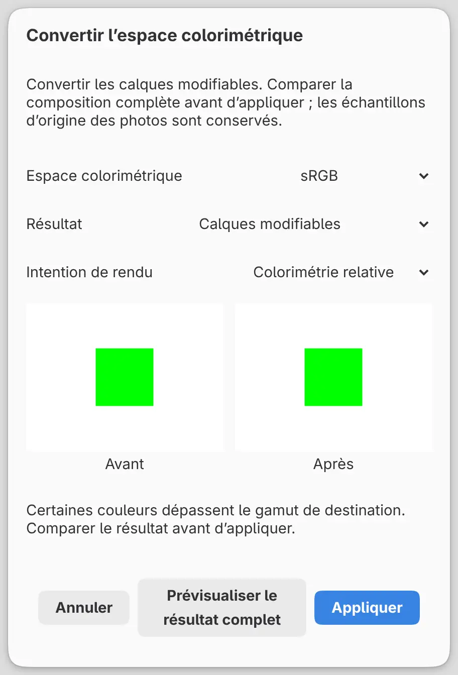 La boîte de dialogue Convertir l’espace colorimétrique avec la comparaison Avant et Après et le message sur le gamut.