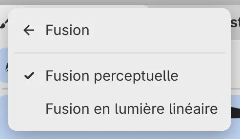 Le menu Édition avec le sous-menu Fusion ouvert et Fusion perceptuelle cochée.