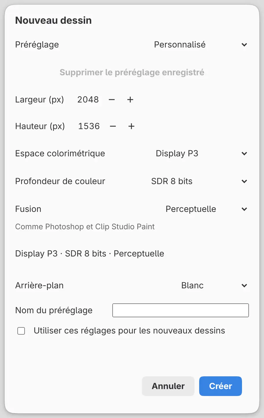 La boîte de dialogue Nouveau dessin avec Espace colorimétrique réglé sur Display P3, Profondeur de couleur, Fusion et la ligne de résumé.