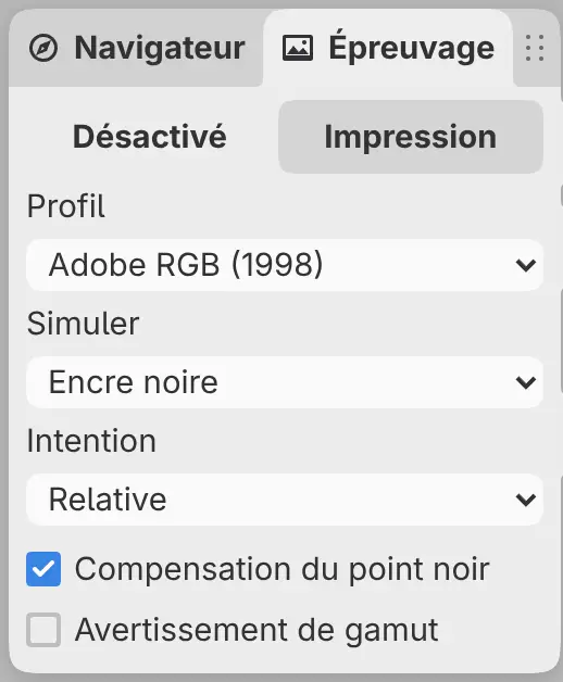 Le panneau Épreuvage sur sa page Impression, avec Adobe RGB (1998) choisi comme profil.