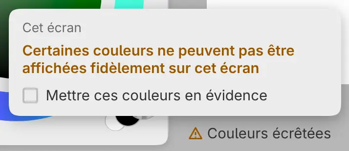 La puce Couleurs écrêtées dans le pied de page, avec ses détails et Mettre ces couleurs en évidence.