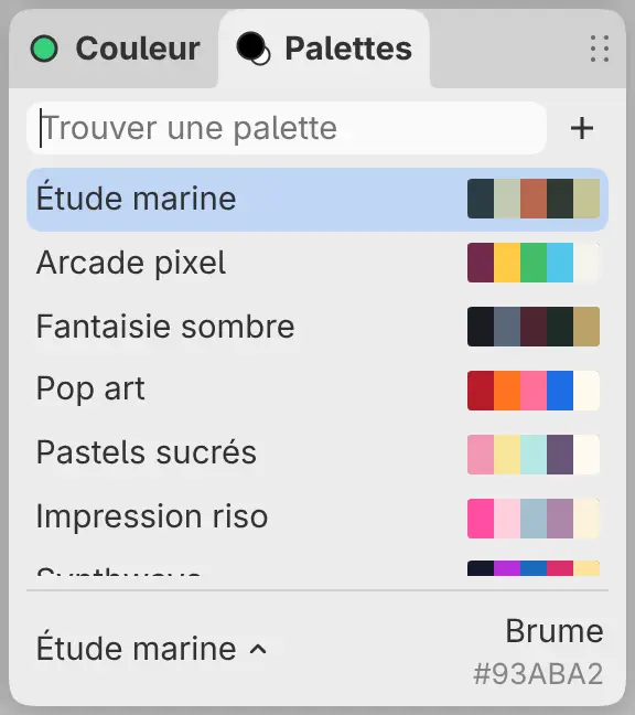 La liste des palettes avec le champ de recherche, le bouton + et le nom et les couleurs de chaque palette.