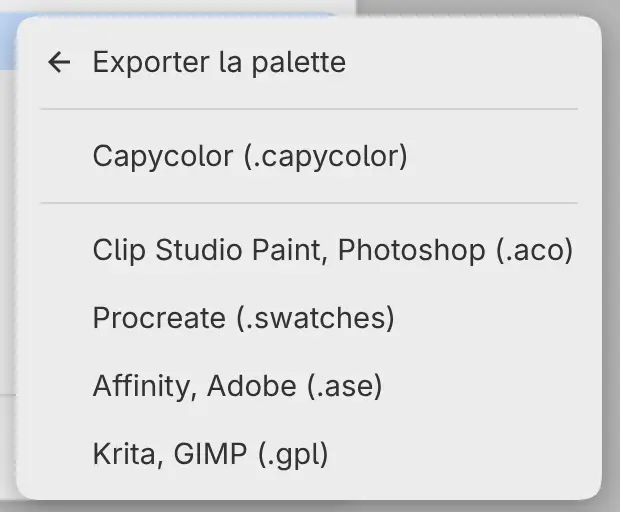 Le menu de la palette avec les formats d’Export Palette.