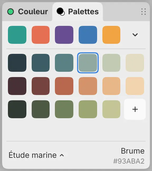 Le panneau Palettes avec les couleurs récentes en haut, les pastilles de la palette active, et le nom de la palette et de la couleur en bas.