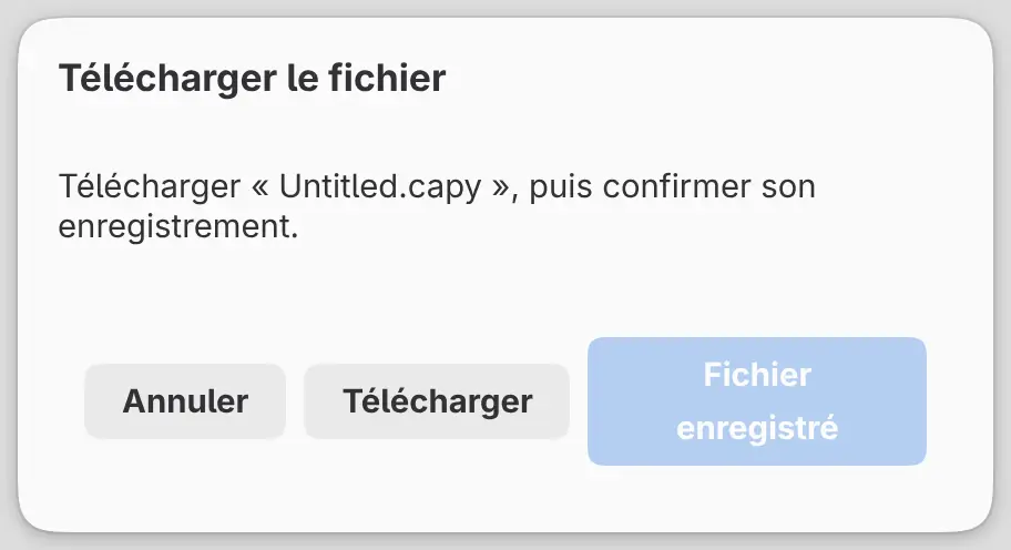 La boîte de dialogue Télécharger le fichier avec Annuler, Télécharger et Fichier enregistré.