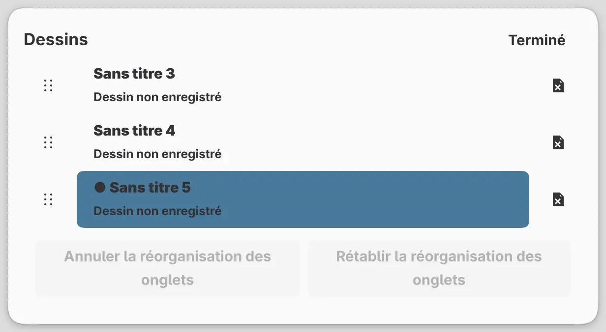 La liste Dessins avec trois dessins.