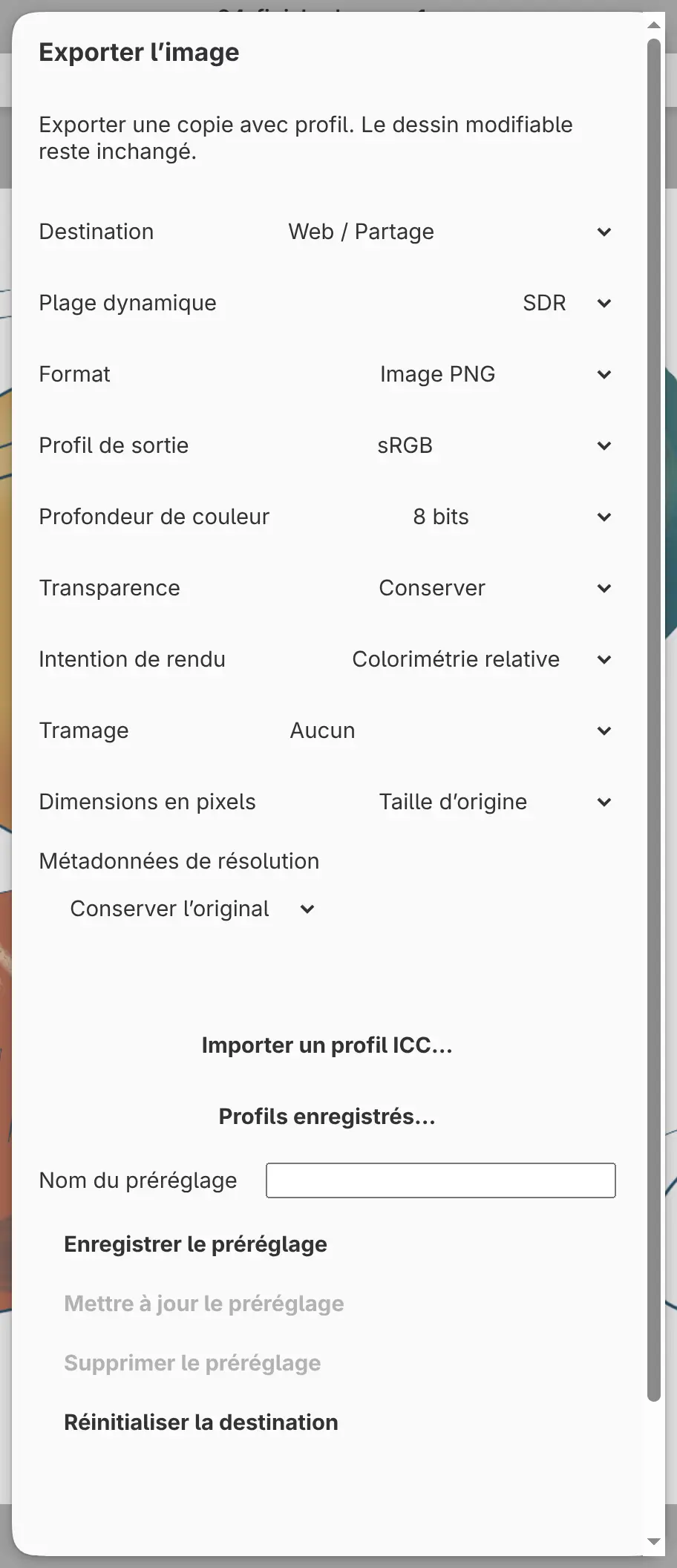 La boîte de dialogue Exporter l’image avec Destination réglée sur Web / Partage.