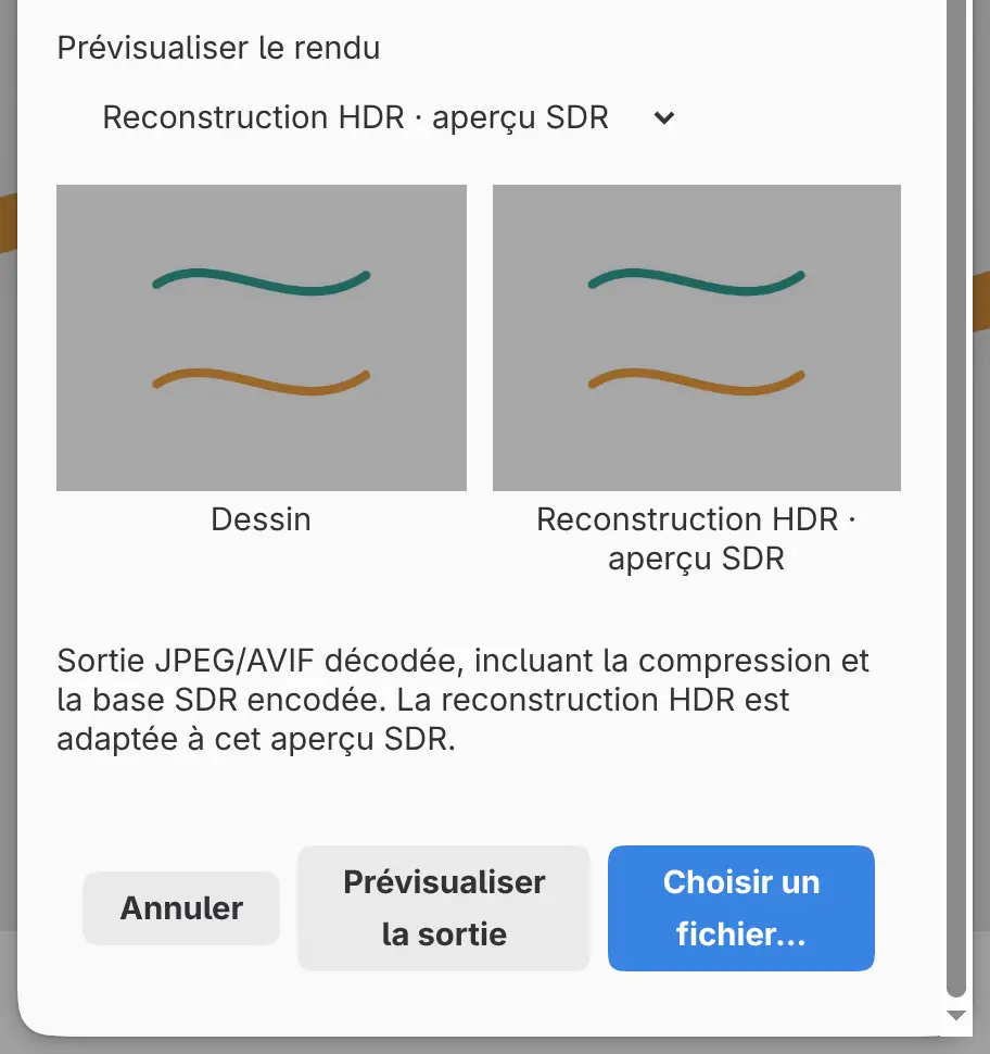 La boîte de dialogue Exporter l’image pour un dessin HDR avec JPEG HDR · carte de gain, après Prévisualiser la sortie.