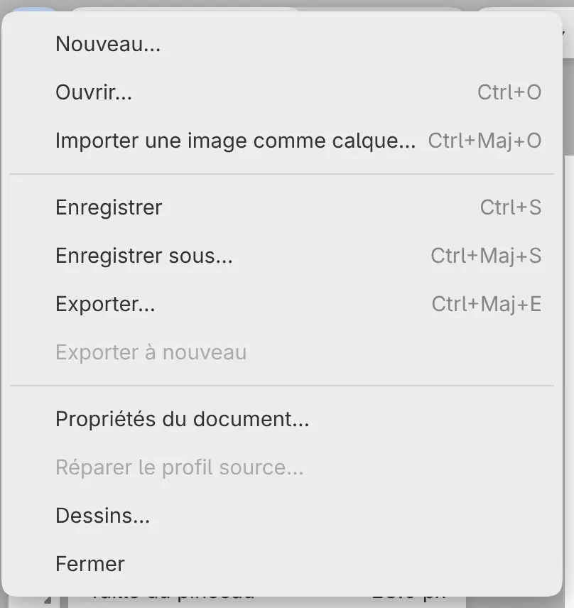 Le menu Fichier avec Nouveau…, Ouvrir…, Enregistrer, Enregistrer sous… et Exporter….