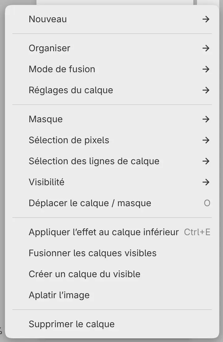 Le menu du calque d’un filtre avec Appliquer l’effet au calque inférieur.