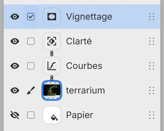 Le panneau Calques avec Courbes et Clarté rattachés à la photo du terrarium, et un filtre Vignettage sur son propre calque au-dessus.