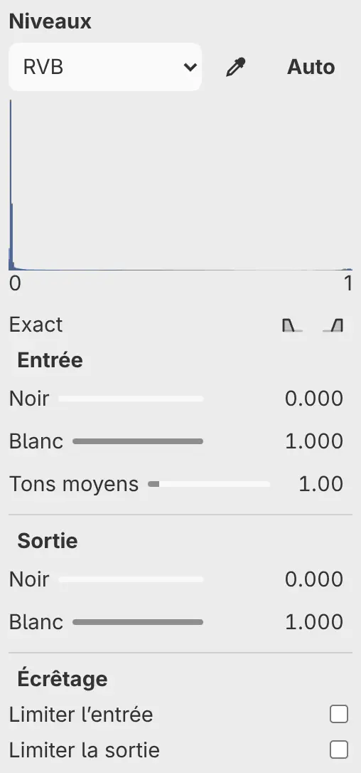 Le panneau Propriétés de Niveaux avec l’histogramme, Auto, Échantillonner un point et les réglages Entrée, Sortie et Écrêtage.