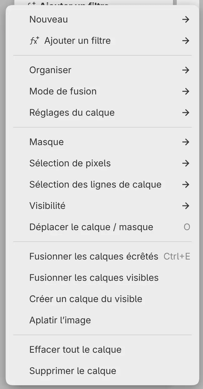 Le menu du calque Ribbon.