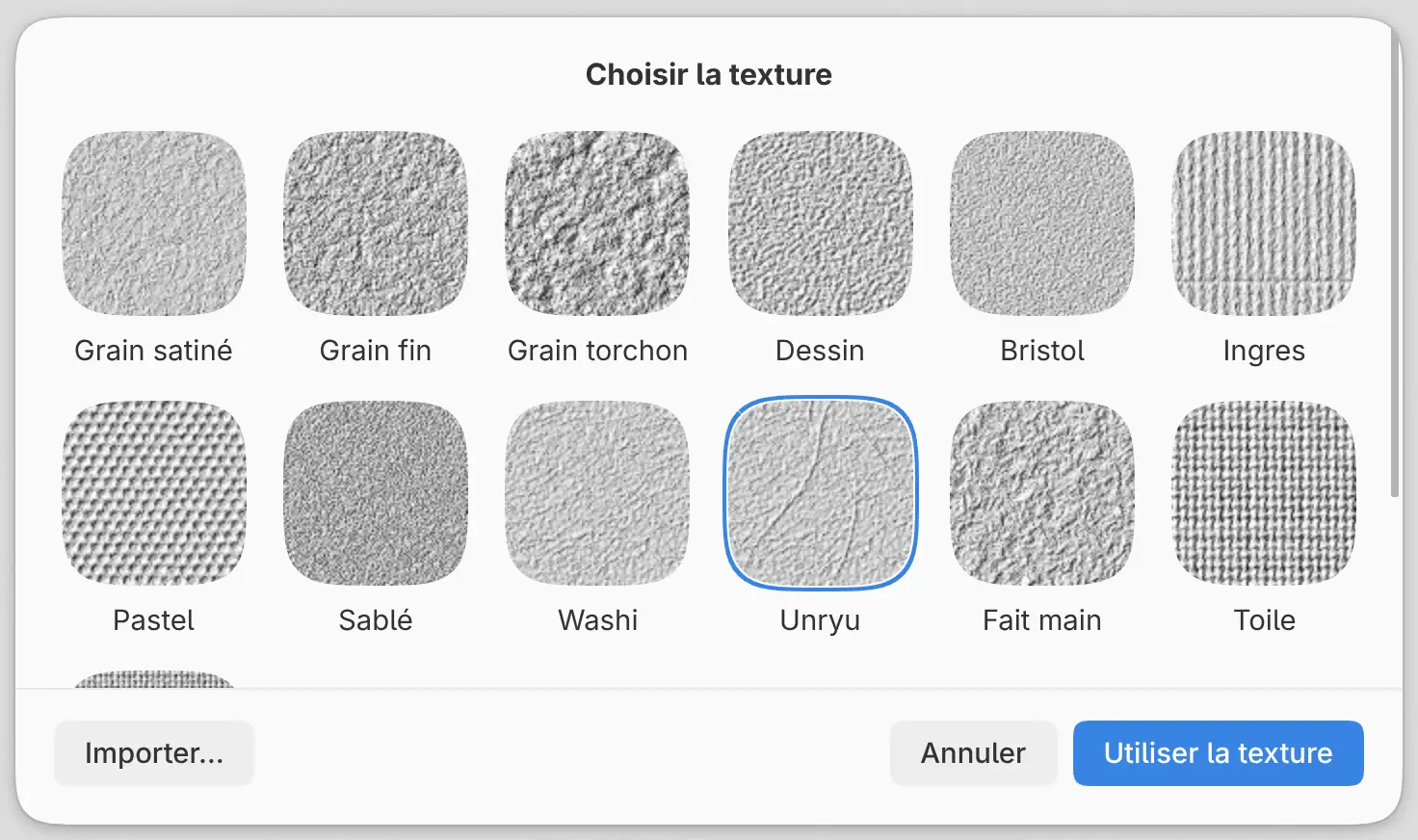 Les papiers intégrés dans Choisir une texture.