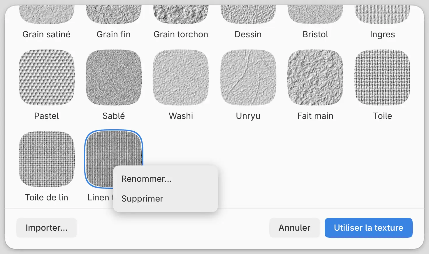 Le menu d’un papier importé.