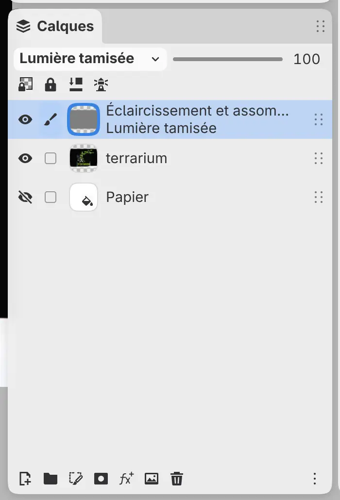 Le panneau Calques avec un calque Éclaircissement et assombrissement au-dessus de la photo du terrarium.