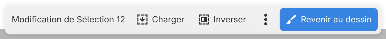 La barre d’actions de la toile pour un calque de sélection en cours de modification, avec Charger, Inverser et Revenir au dessin.