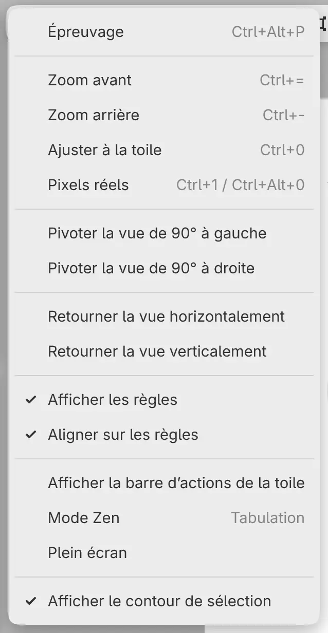 Le menu Affichage avec les commandes de zoom, de rotation et de retournement.