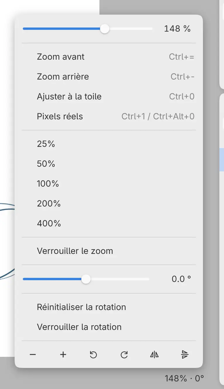 L’affichage du zoom dans le pied de page, avec son menu ouvert.