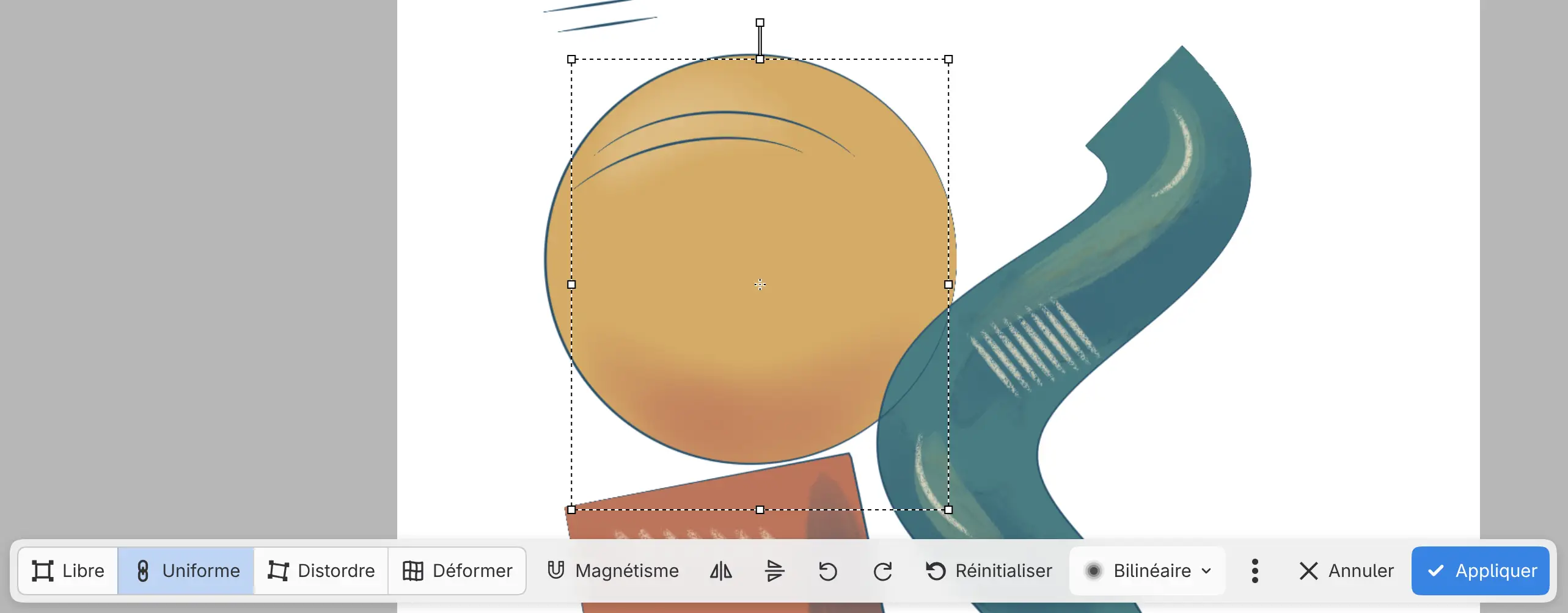 La barre d’actions de la toile pour une transformation, avec Mode, Magnétisme, les boutons de retournement et de rotation, Réinitialiser, Interpolation, Annuler et Appliquer.