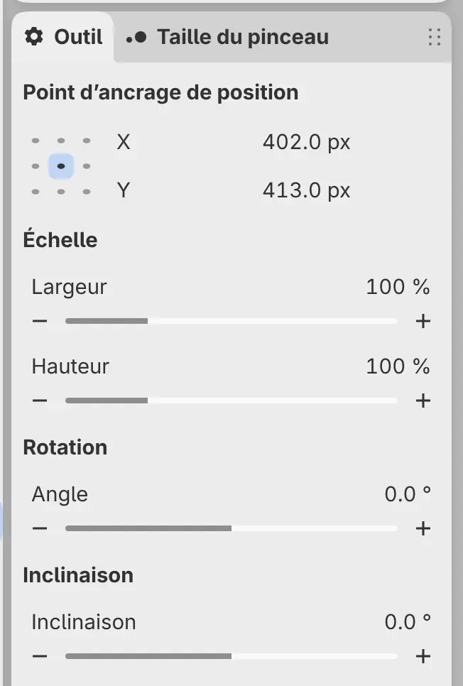 Le panneau Outil pendant une transformation, avec Point d’ancrage de position, Échelle, Rotation et Inclinaison.