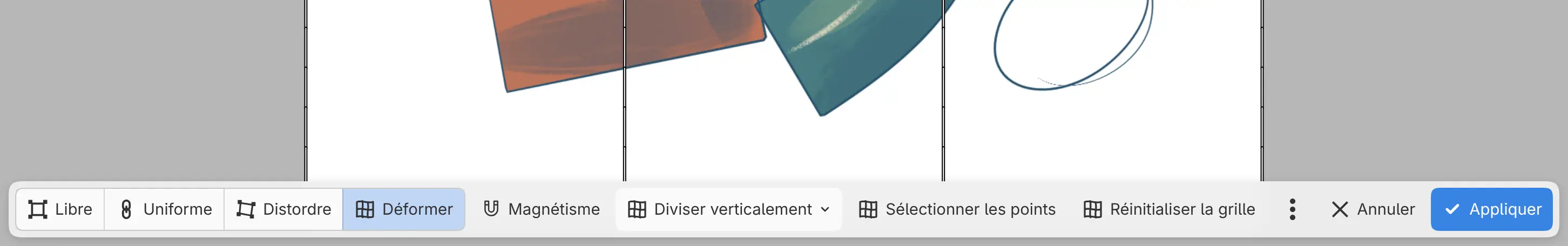 La barre d’actions de la toile en mode Déformer, avec Diviser la grille, Sélectionner les points, Réinitialiser la grille et Grille.