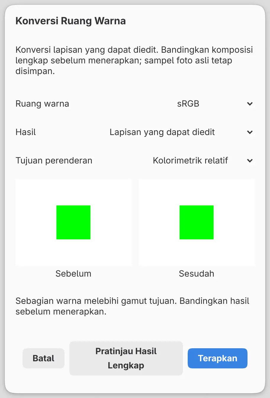 Dialog Konversi Ruang Warna dengan perbandingan Sebelum dan Sesudah serta pesan gamut.