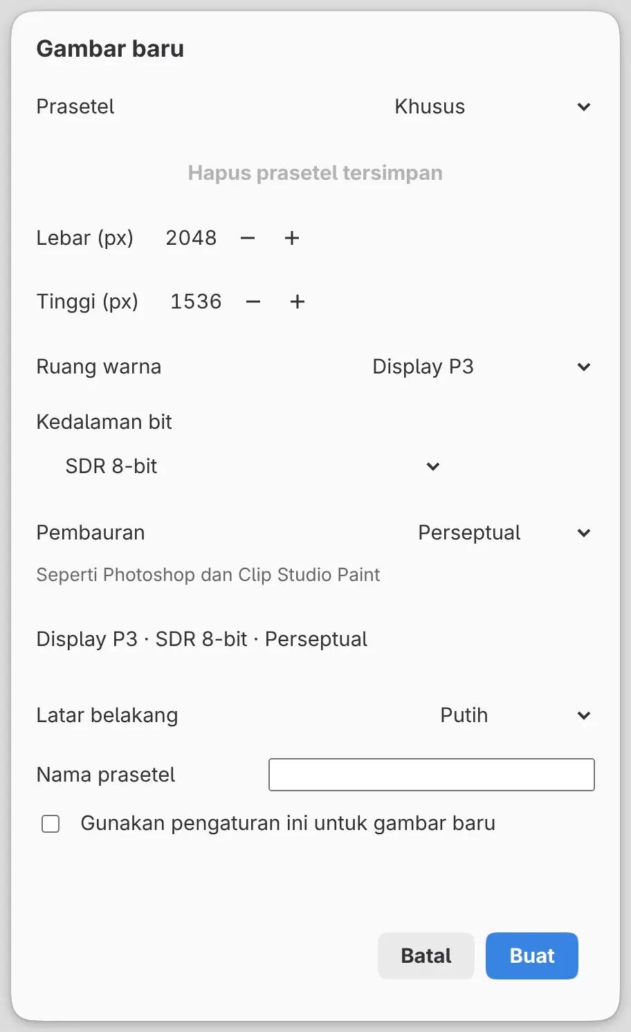 Dialog Gambar baru dengan Ruang warna disetel ke Display P3, Kedalaman bit, Pembauran, dan baris ringkasan.