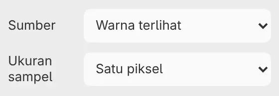 Panel Alat saat mengambil warna, dengan Sumber dan Ukuran sampel.