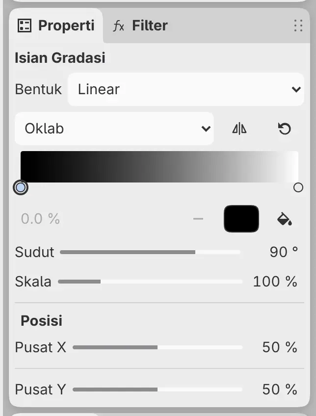 Panel Properti untuk lapisan Isian Gradasi dengan Bentuk, editor titik gradasi, Sudut, Skala, dan Posisi.